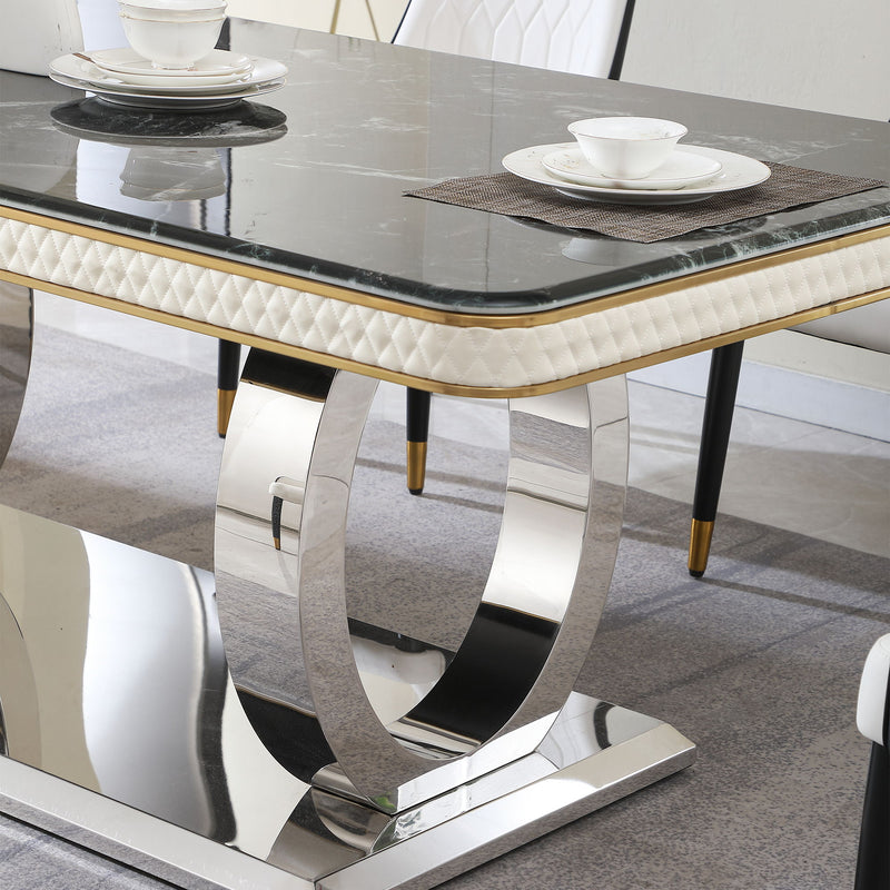 Luxury Modern Dining Table With Faux Marble Top And Dual Circle Base - Black