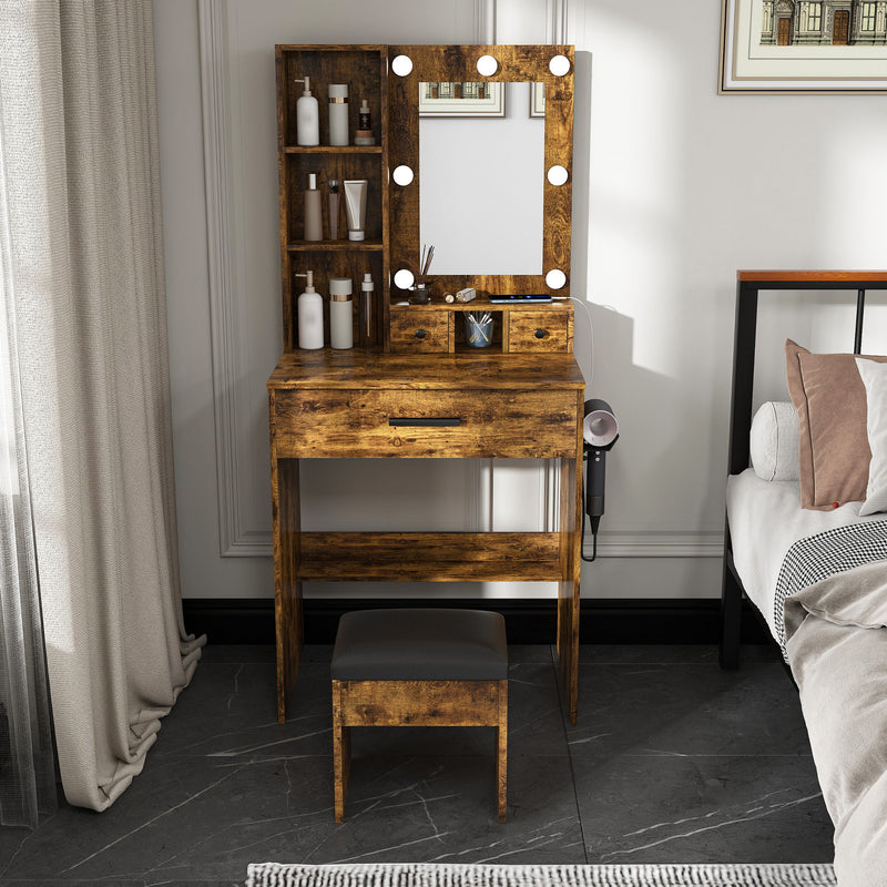 Vanity Table With Mirror, Adjustable LED Lights, Power Outlet, Hairdryer Holder & Stool