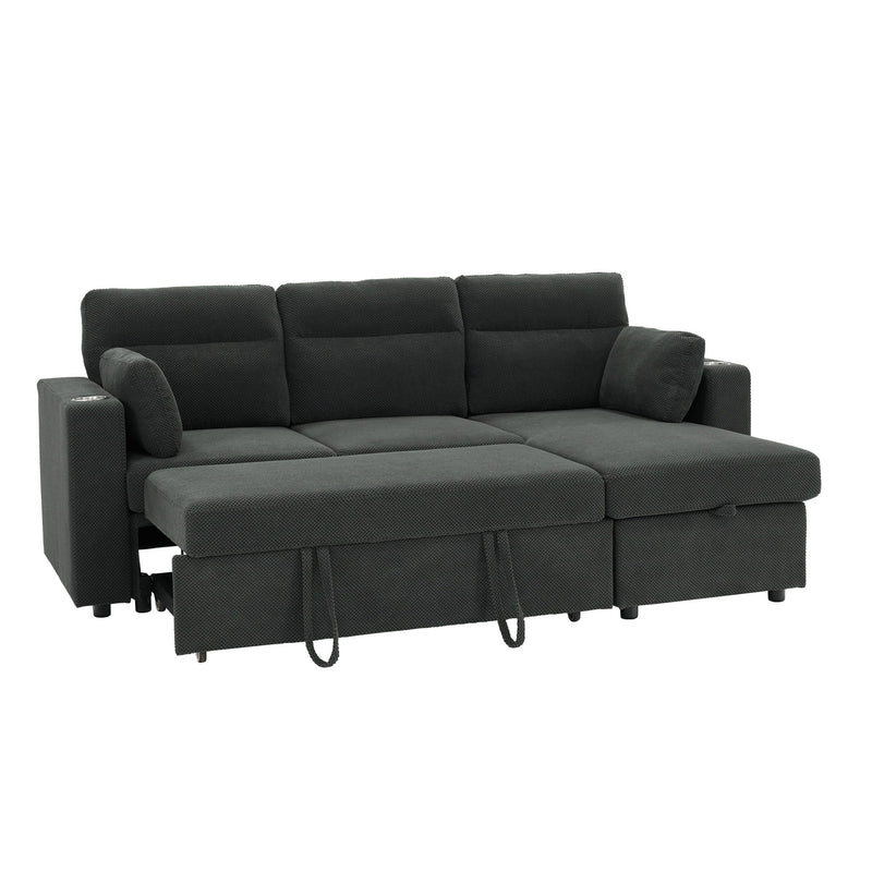 Convertible Sectional Sofa With Storage Chaise, Cup Holders And Pull Out Sleeper
