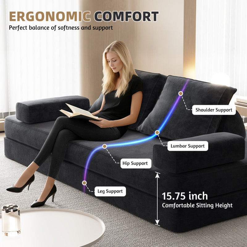 Multifunctional Convertible Sofa Bed With 2 Tumbler Backrests And 2 Pillows, Deep Seat Couch
