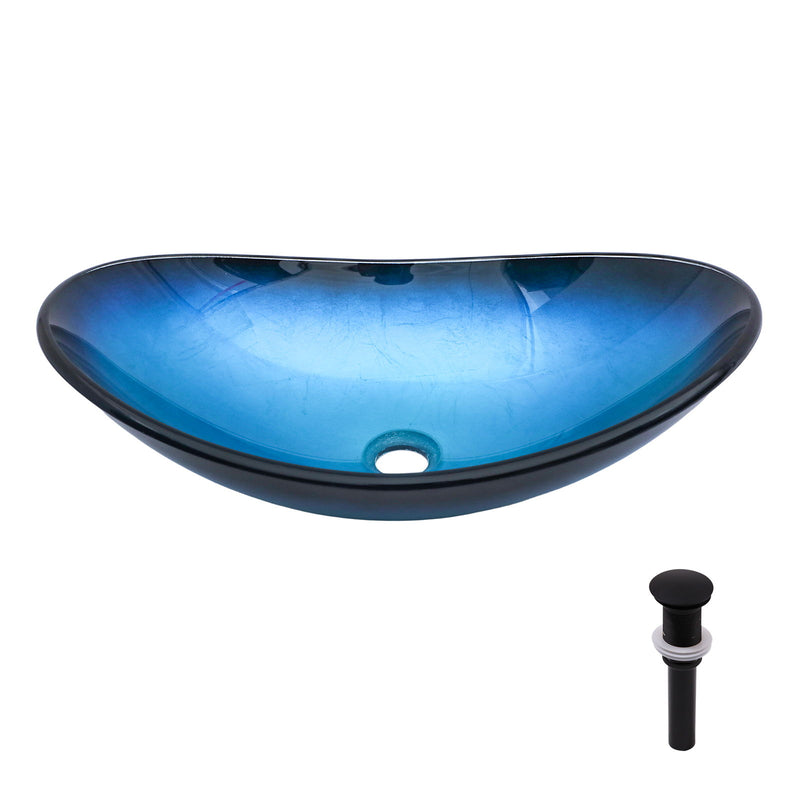 Tempered Glass Vessel Sink With Boat Shape Pop-Up Drain