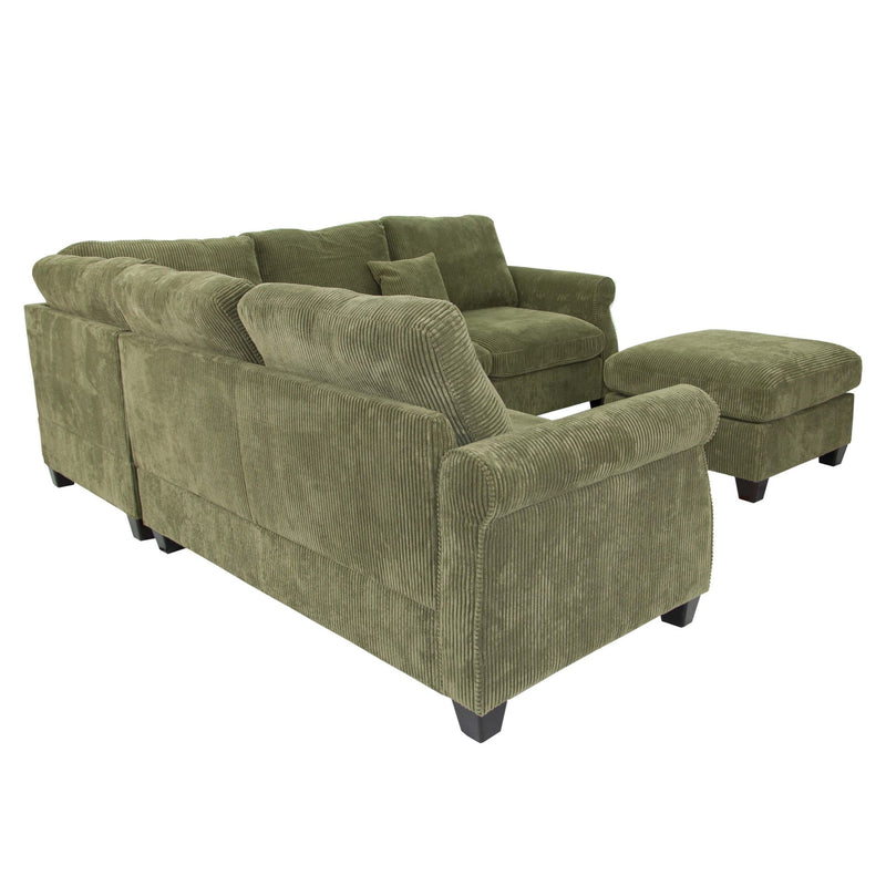 L - Sectional Sofa Set With Corner Wedge And Ottoman, 4 Piece Living Room Furniture - Sage