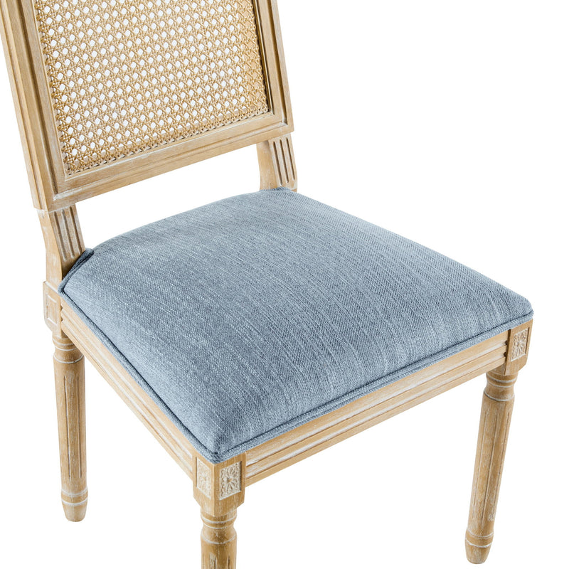 French Country Dining Chair With Rectangular Cane Backrest And Smooth Upholstered Seating