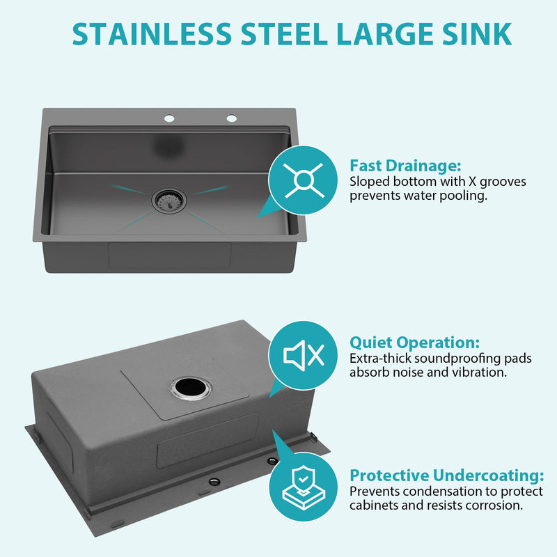Drop In Workstation Sink Topmount Single Bowl With Pull Out Faucet And Soap Dispenser - Gunmetal Black