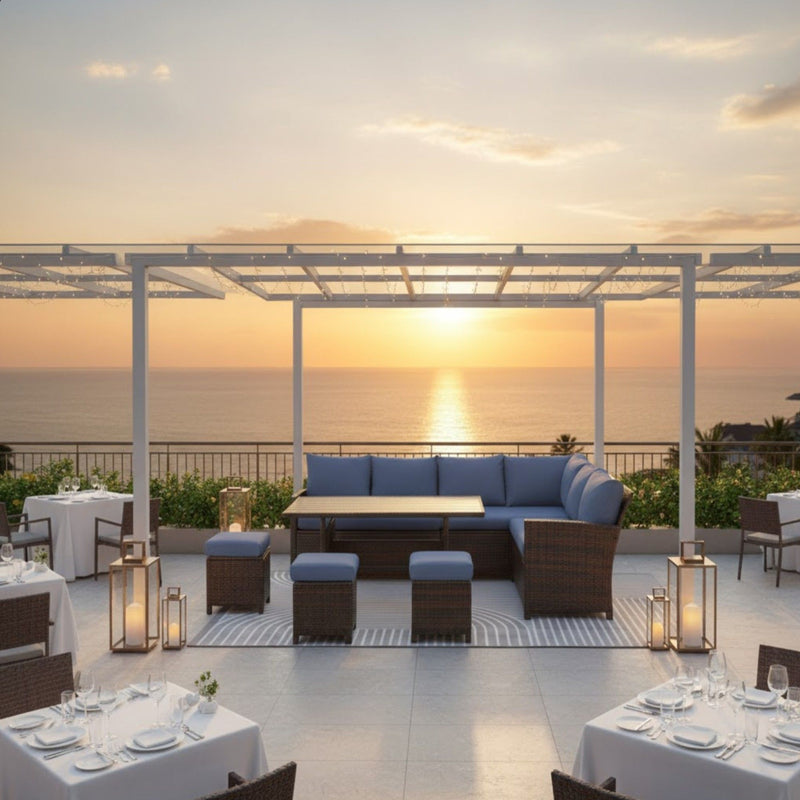 7 Piece Patio Dining Set With Cushions, Modular Sectional Sofa & Storage Table