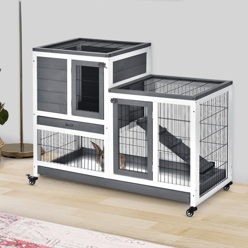 Pawhut - Wooden Rabbit Hutch Elevated Bunny Cage Indoor Small Animal Habitat With Enclosed Run With Wheels, Ramp, Removable Tray Ideal For Guinea Pigs - Gray / White