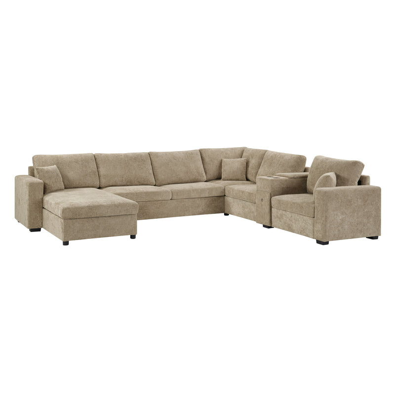 Modular 5 Seat U-Shape Sectional Sofa With Chaise Lounge, Built In Cup Holders And Storage Drawer