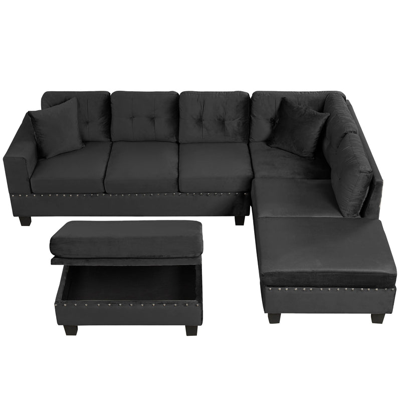 Modern Sectional Sofa With Storage Ottoman, L - Shape Couch With 2 Pillows And Cup Holders