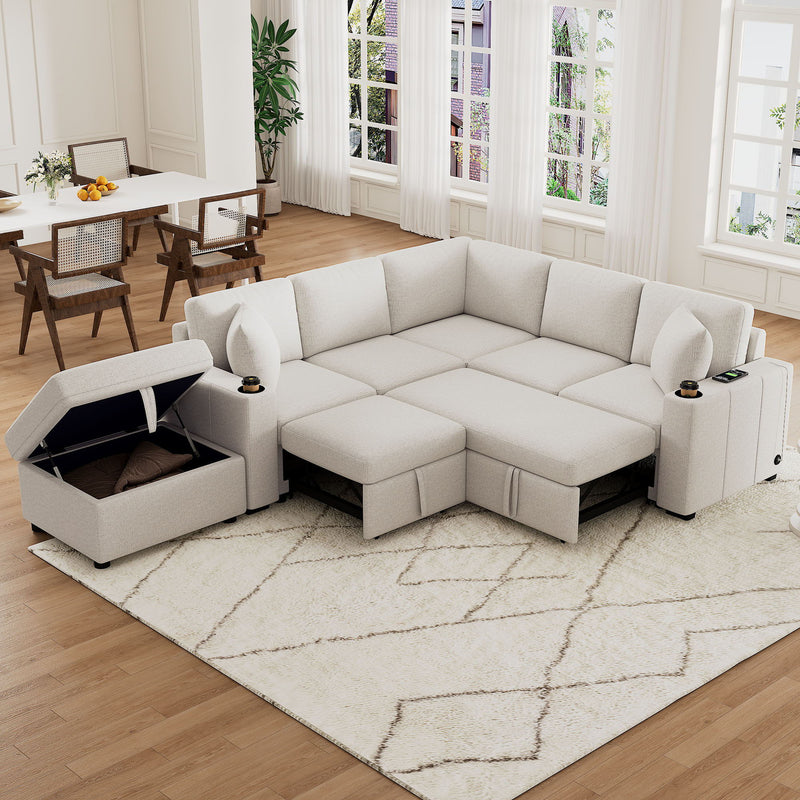 Sectional Sofa Convertible Pull-Out Sofa Bed With A Movable Storage Ottoman For Living Room