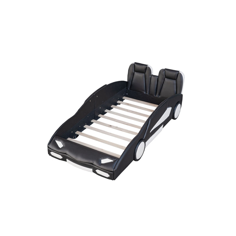Race Car Shaped Twin Platform Bed With Wheels, Pine Wood Construction