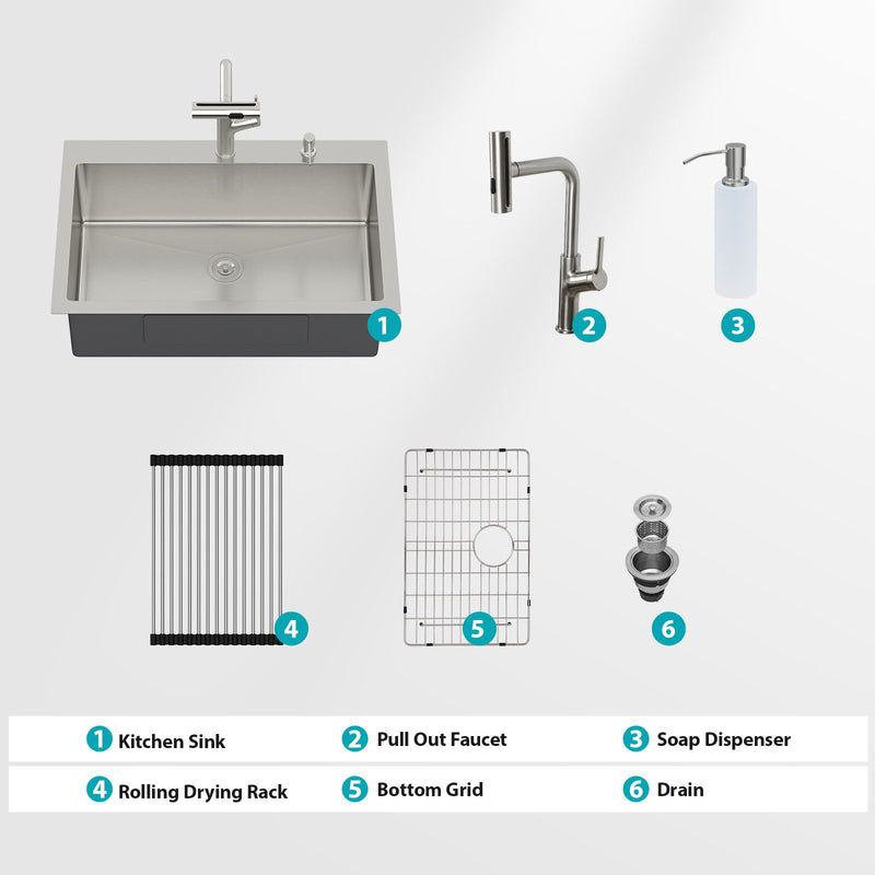 Drop-In Kitchen Sink With Pull-Out Faucet And Soap Dispenser