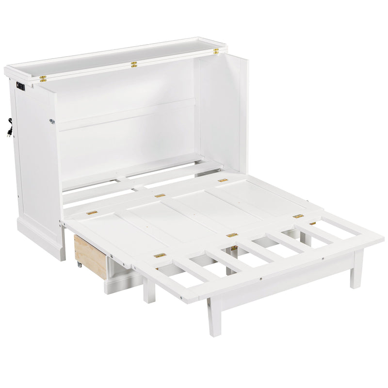 Full Solid Pine Murphy Bed Chest Cube Cabinet Bed With Charging Station And Large Storage Drawer For Home Office Or Small Room - White