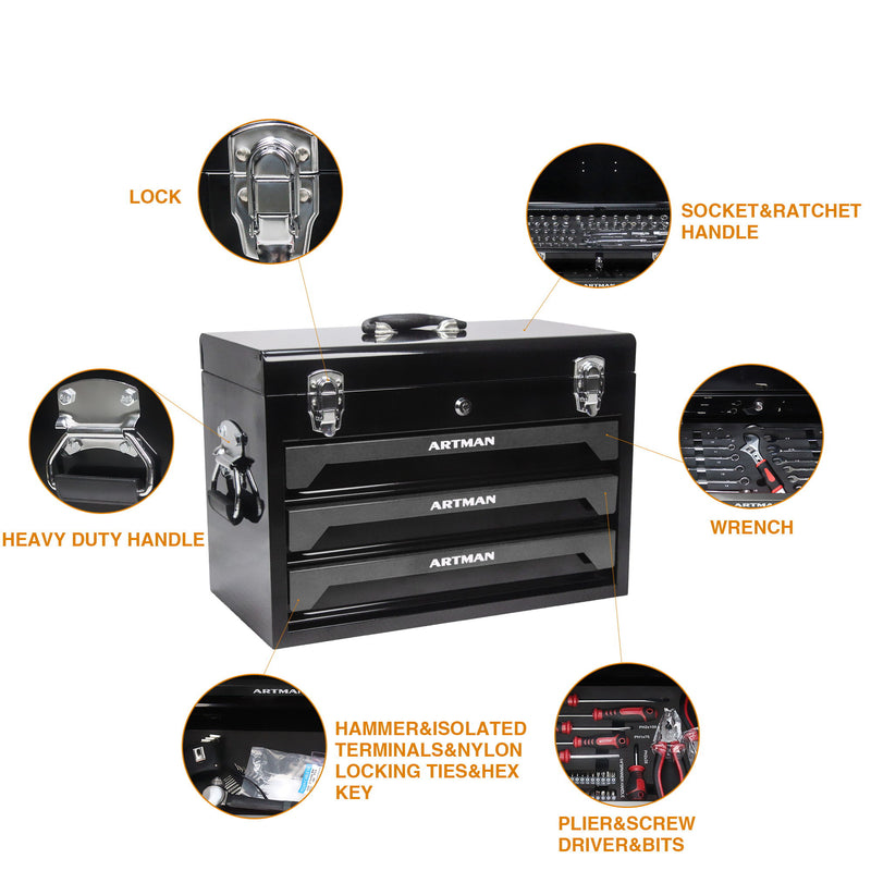 Portable 3 Drawer Steel Toolbox, 4 Layers Of Tools With Metal Latches, With Storage Tray And Carrying Handle