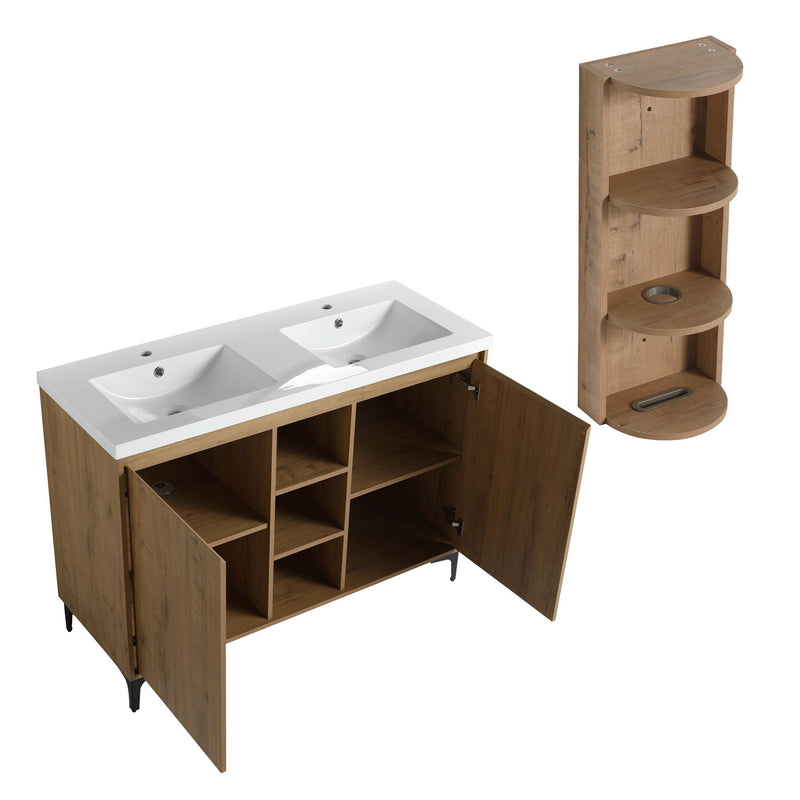 Elegant 48" Freestanding Bathroom Vanity With Double Resin Sink And Storage Rack Soft Close Doors - Imitative Oak