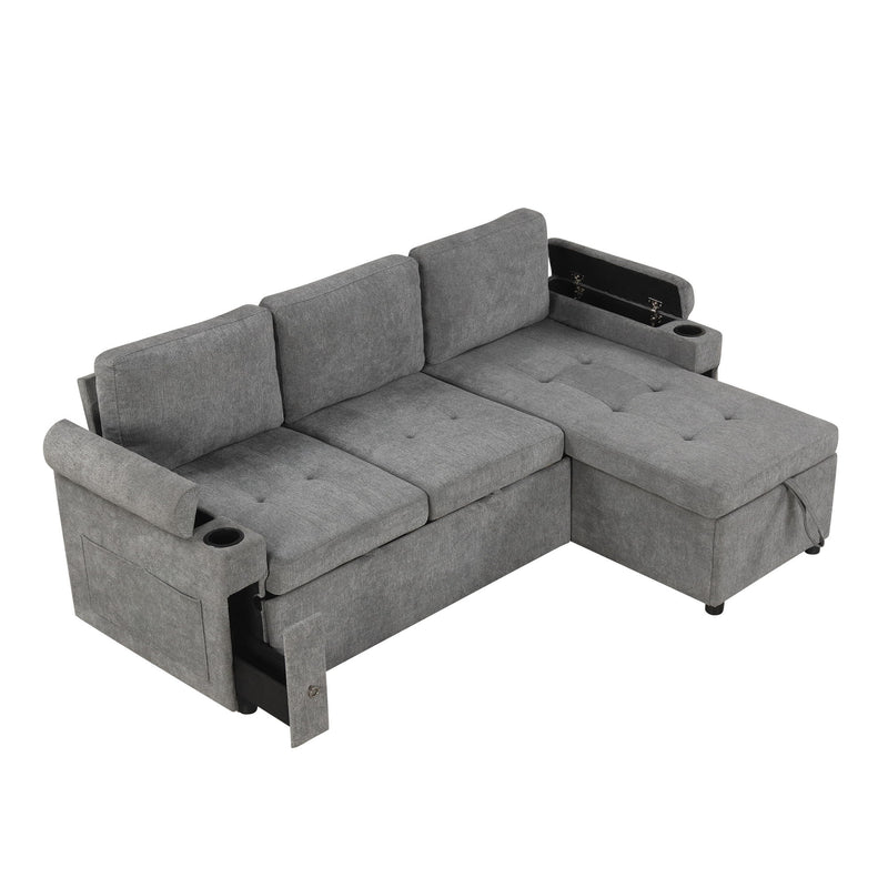 Convertible L Shaped Sofa Couch With Storage, Cup Holders, USB Ports