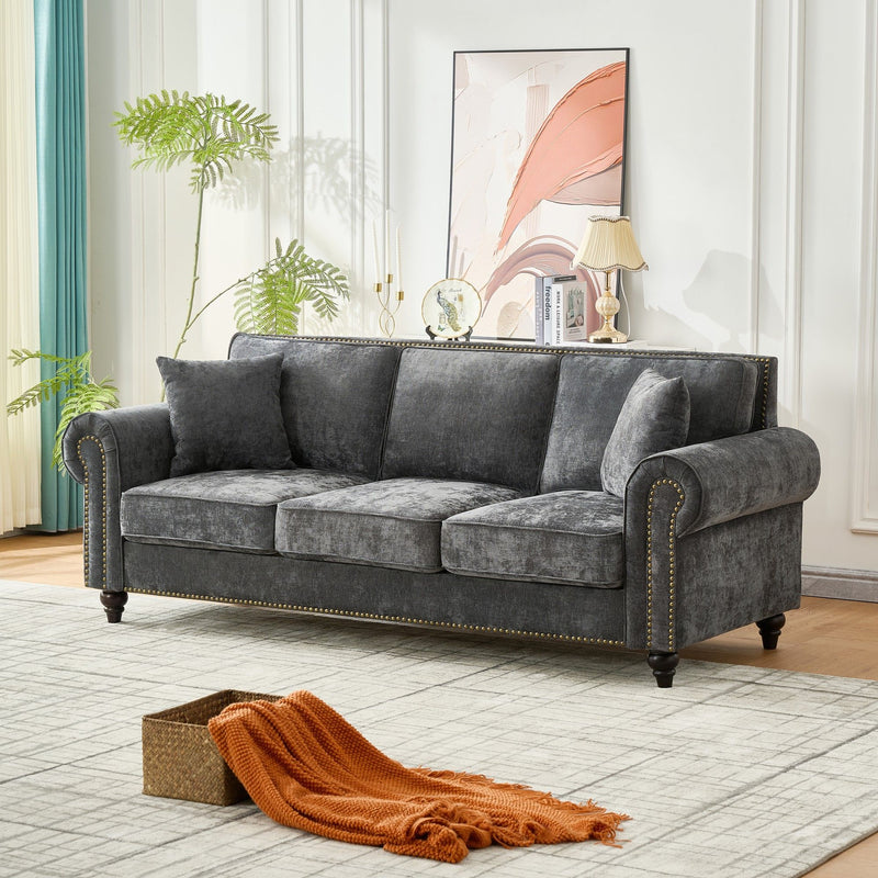 3 Seater Sofa With Tufted Upholstery, Rolled Arms, Nailhead Trim