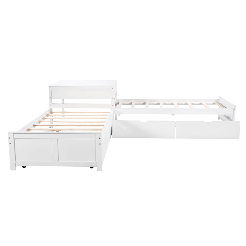 L Shaped Platform Bed With Trundle And Drawers Linked With Built In Desk