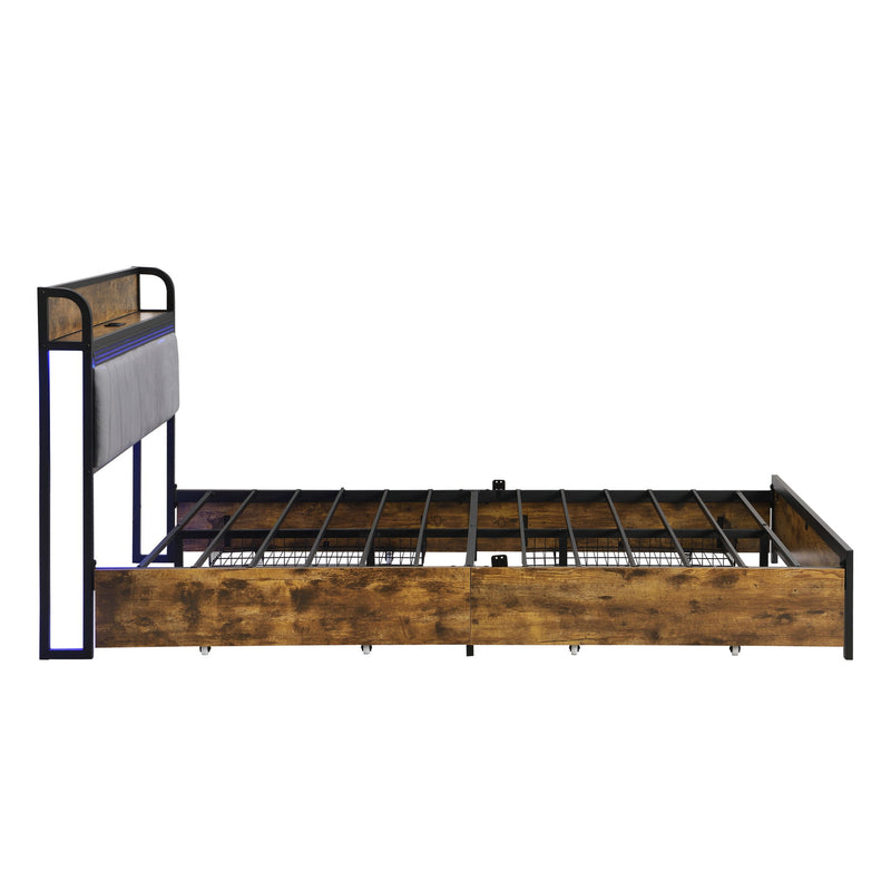 Contemporary Bed Frame With Storage Headboard, Charging Station, LED Lights