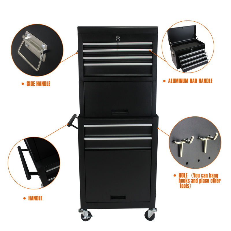 6 Drawer Lockable Tool Cabinet On Wheels, Steel Rolling Tool Chest With Detachable Toolbox