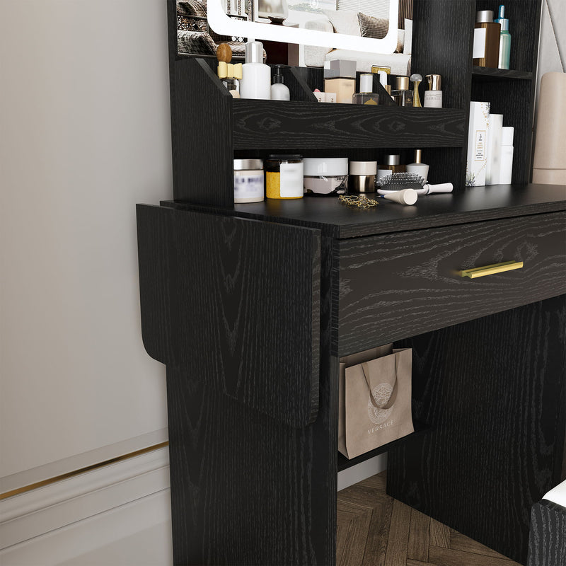 Vanity Desk With LED Mirror Lights And Charging Outlet