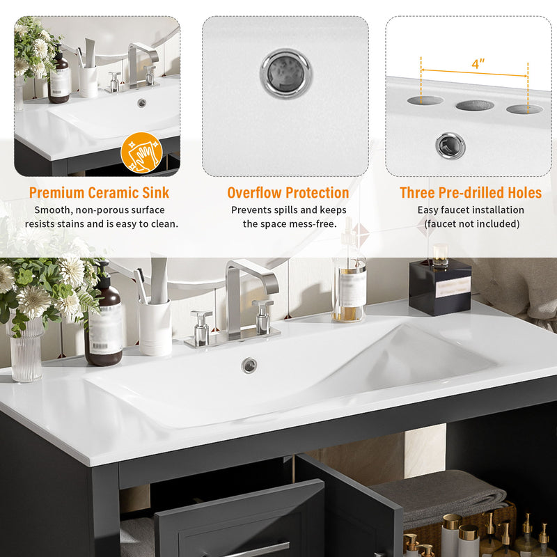 Bathroom Vanity With Sink, Soft Close Doors, Adjustable Shelf & 3 Drawers