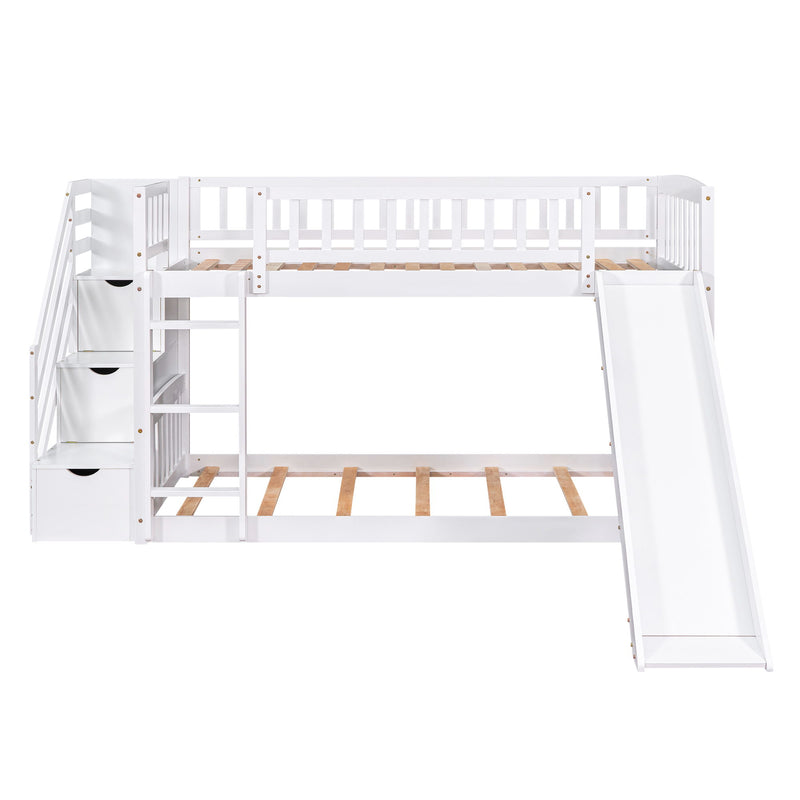 Twin Over Twin Stairway Bunk Bed With Two Drawers And Slide