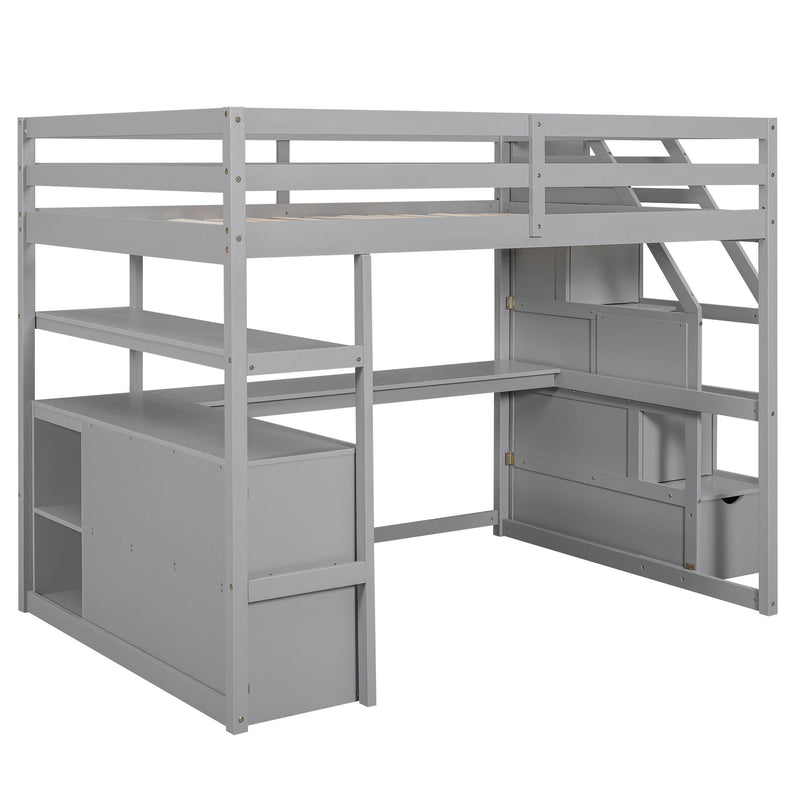 Loft Bed With Desk, Shelves, 2 Drawers, Storage Staircase