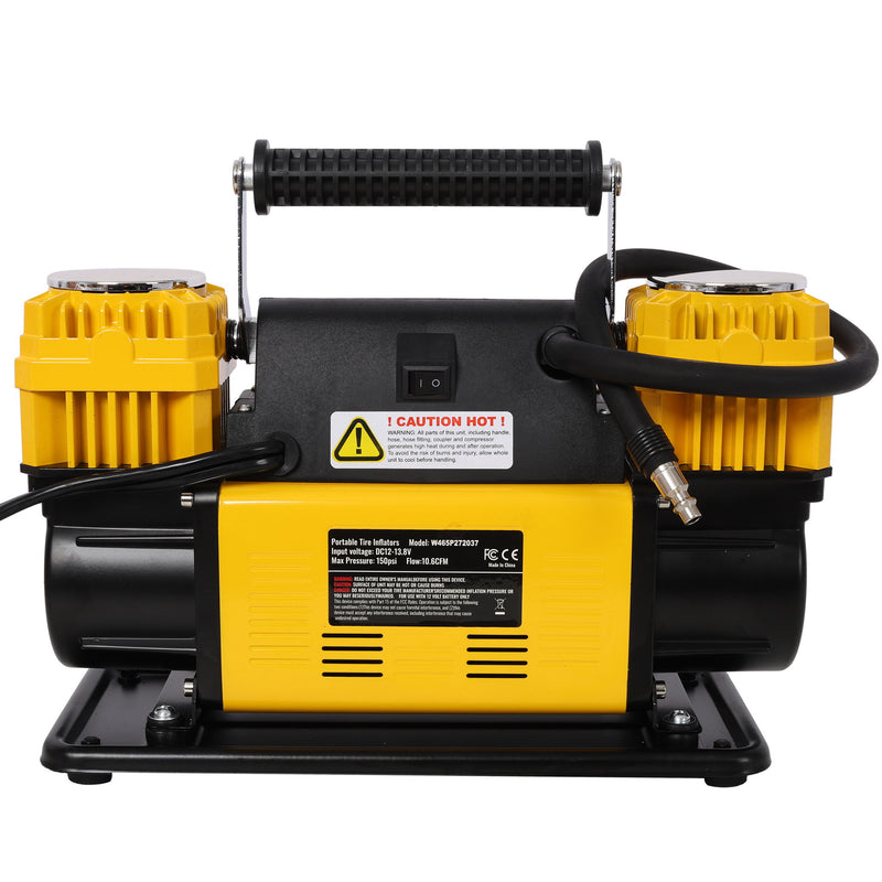 Heavy Duty 12V Dual Cylinder Air Compressor, Tire Inflator With Gauge - Yellow / Black