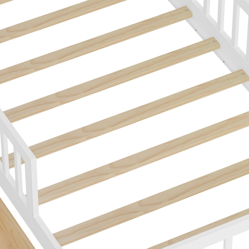 Bed With Headboard Storage Rack, 2 Under Bed Drawers, 3 Side Guardrails For Safety