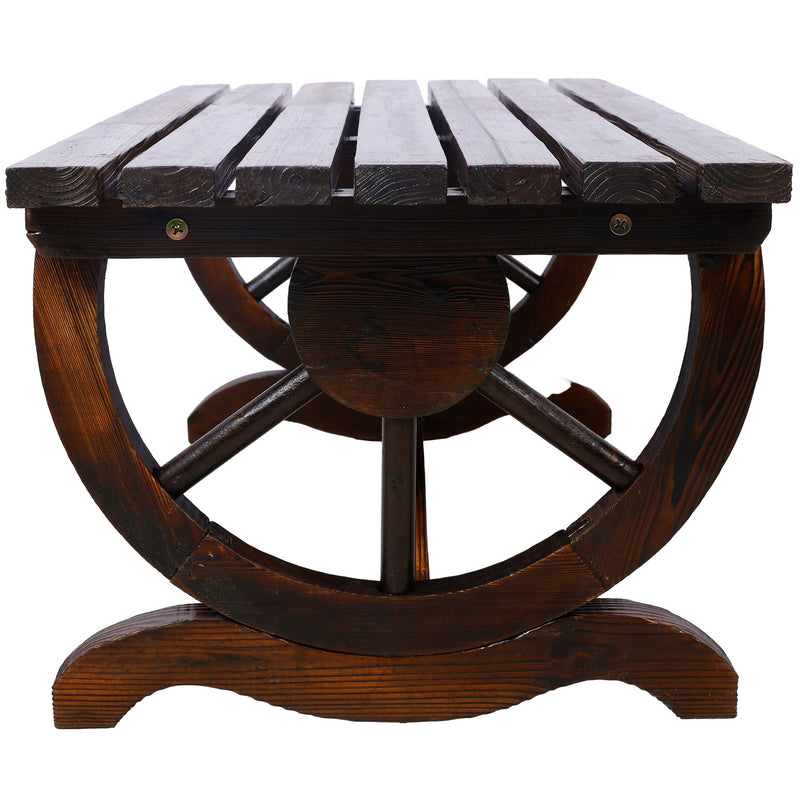 Rustic Wooden Bench With Wagon Wheel Legs For Garden And Patio - Brown