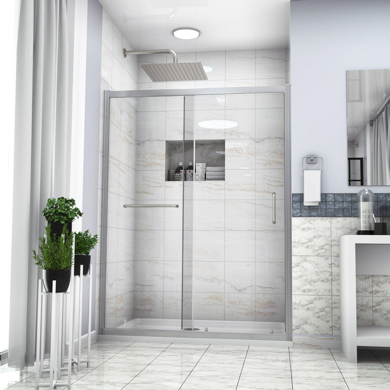 Elegant Single Sliding Bypass Shower Enclosure, Tempered Glass - Brushed Silver