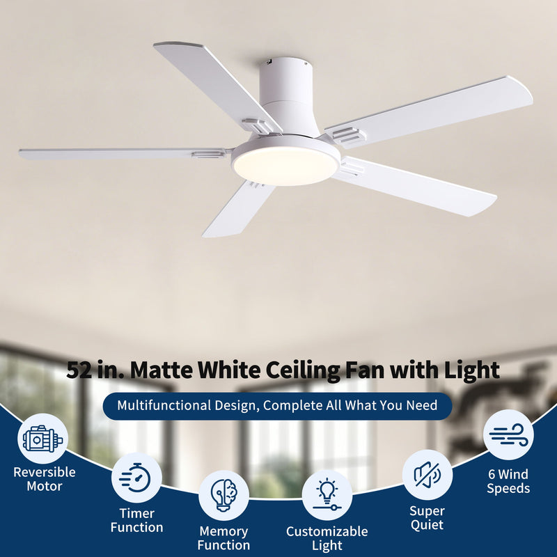 Flush Mount Ceiling Fans With LED Light And Remote Control, 5 Blades