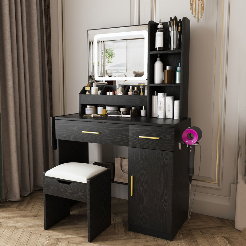 Vanity Desk With LED Mirror Lights And Charging Outlet