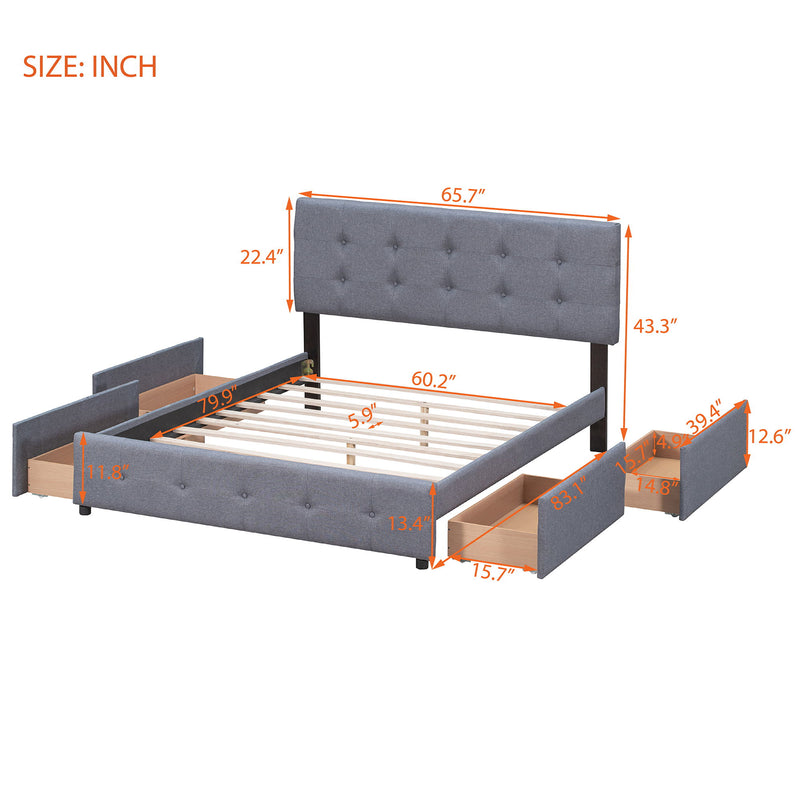 Upholstered Platform Bed With Classic Headboard And Drawers, No Box Spring Needed