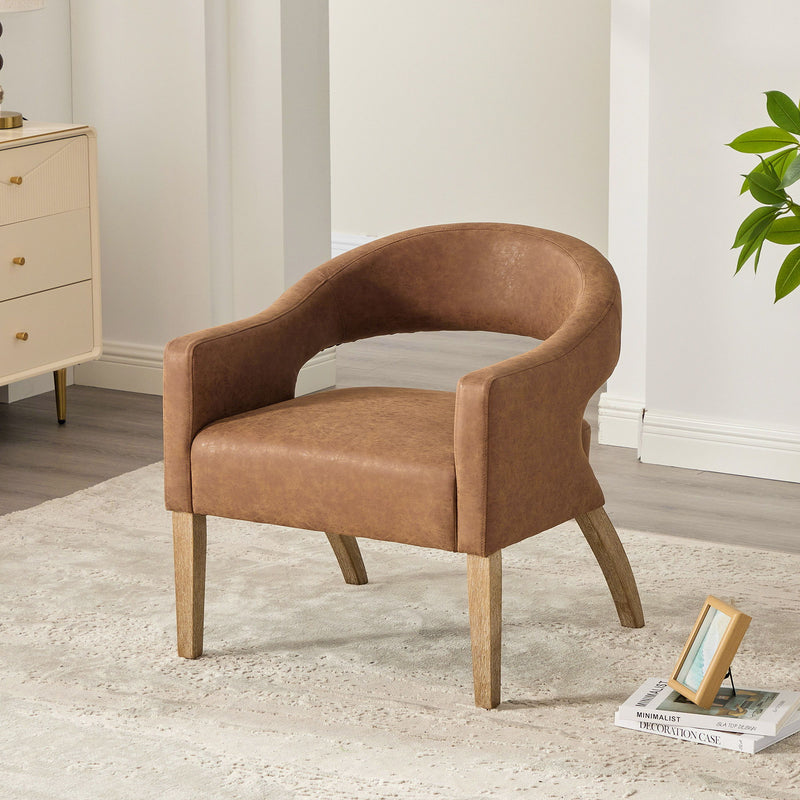 Upholstered Open Back Armchair With Weathered Rubberwood Legs