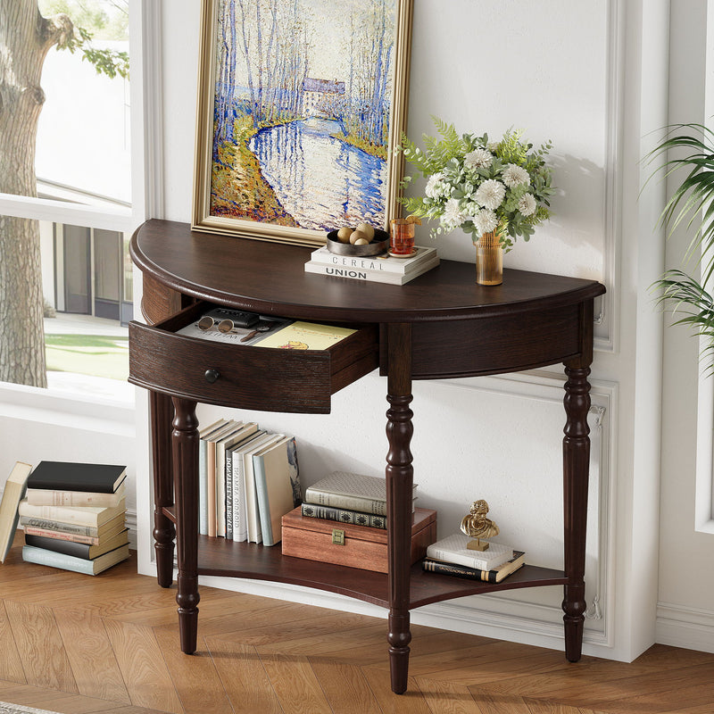 Half Moon Console Table With Drawer & Shelf