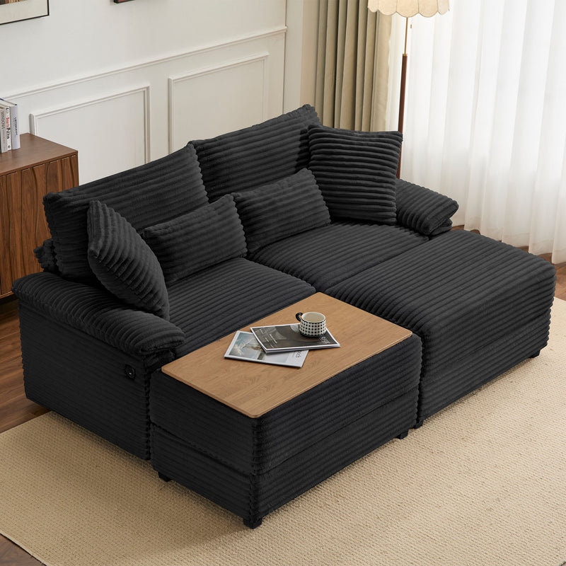 Double Chaise Lounge Set With Reversible Storage Ottomans, USB Port