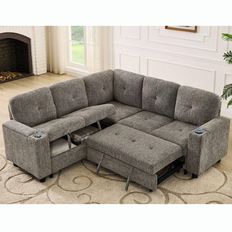 5 Seat Reversible L - Shaped Sleeper Sofa, Pull Out Convertible Sectional Couch With Storage, USB C - Charger, Cup Holders Modular Sofa Bed - Gray