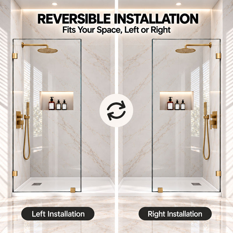 Frameless Bathtub Shower Screen, Reversible Installation