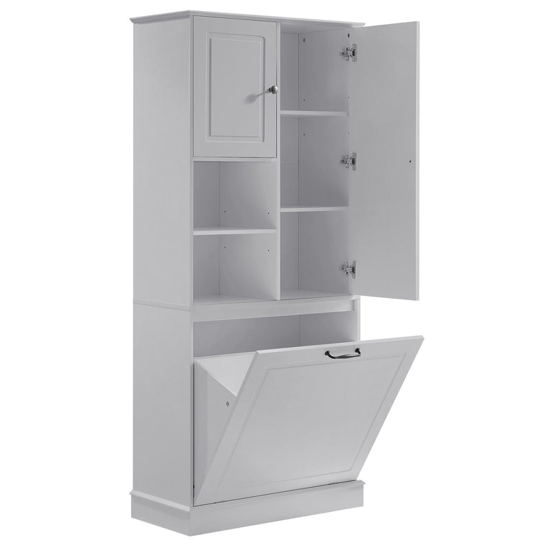 Modern Tall Storage Cabinet With Adjustable Shelves, Flip-Out Basket & Enclosed Doors