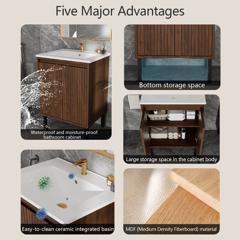 Bathroom Vanity With Ceramic Sink, Floor-Standing Design, Soft-Closing Drawers