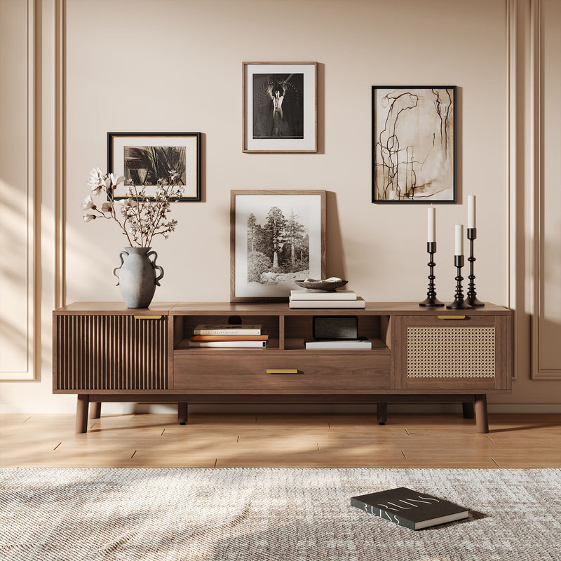 TV Stand For 75" TVs With Soft Closing Doors, Console With Accents And Drop Down Cabinet - Dark Brown