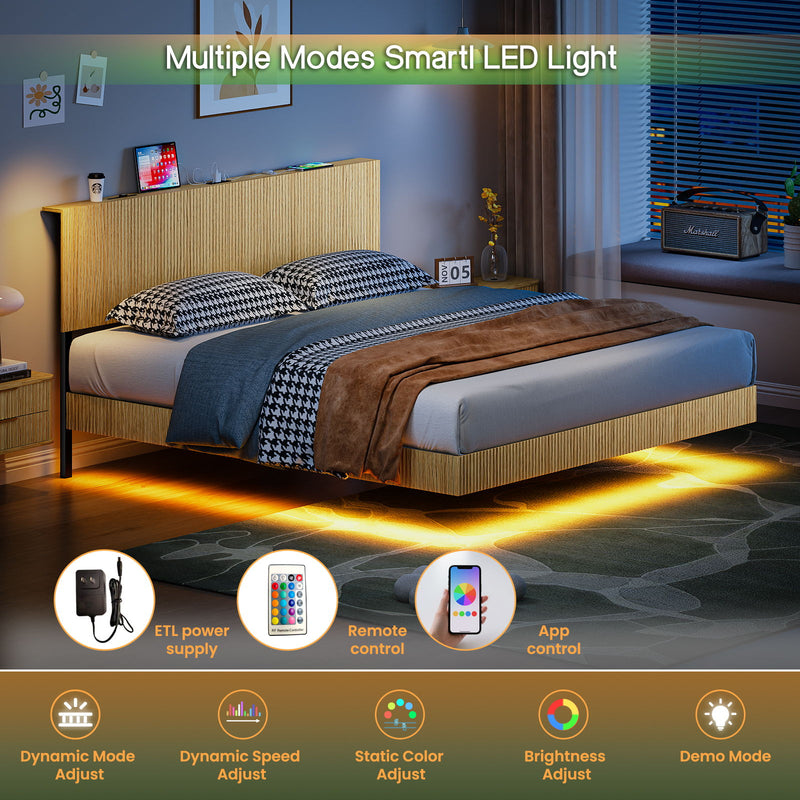 Floating Bedstead With Charging Station And LED Lights