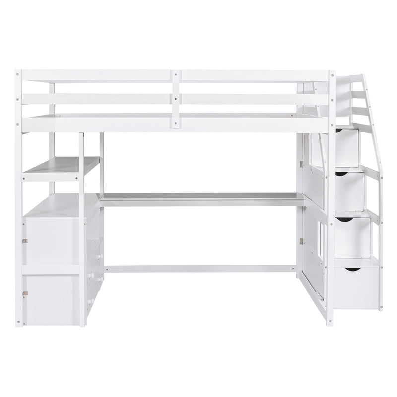 Loft Bed With Desk, Shelves, 2 Drawers, Storage Staircase
