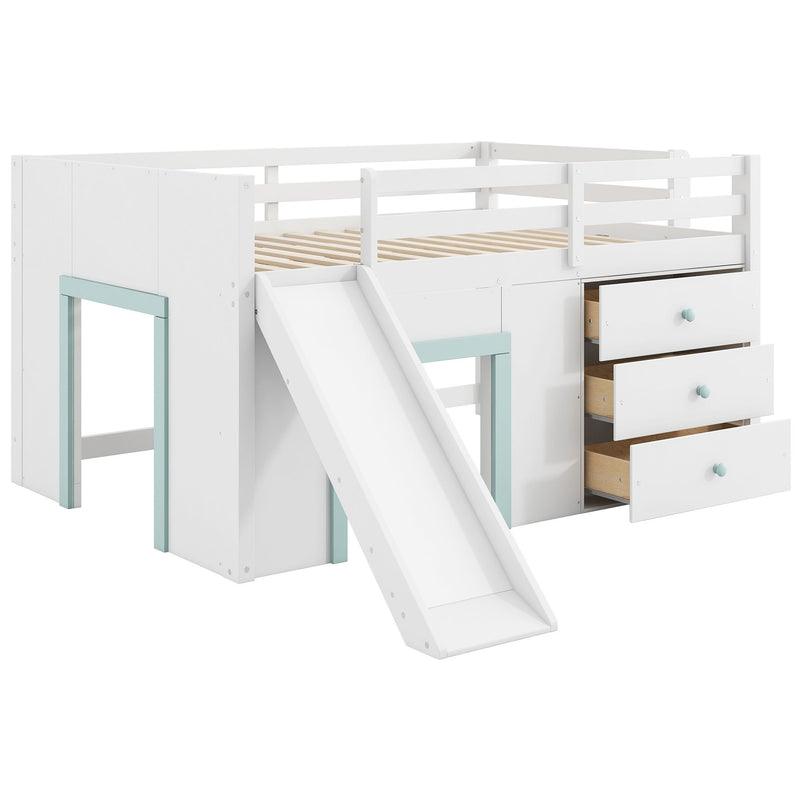 Modern Low Loft Bed With Slide, 3 Storage Drawers, And 2 Doors