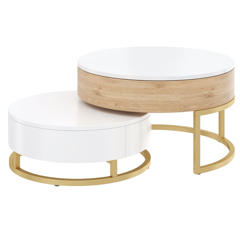 Modern Round Lift-Top Nesting Coffee Tables With 2 Drawers