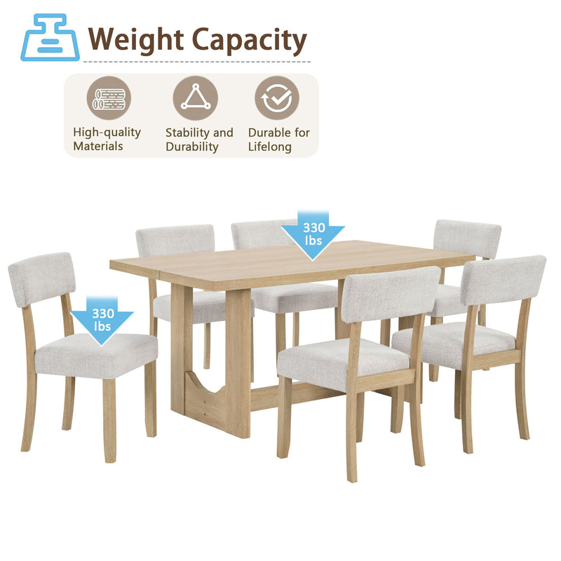 7 Piece Dining Table Set For 6, Rectangular Table With 6 Upholstered Chairs, Sturdy U - Shaped Base For Dining Room - Light Oak