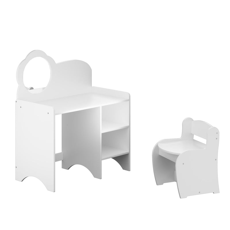 Kids Vanity Table With Mirror And Chair, Dressing Makeup Desk With Storage Shelves - White