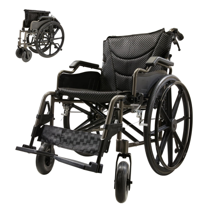 Lightweight Foldable Nursing Wheelchair For Adults Double X Force Support, 300Lbs Capacity, Breathable Cushion & Anti Backflip Design With Tires, Adjustable Seat Belt, Quick Release Wheels - Dark Gray