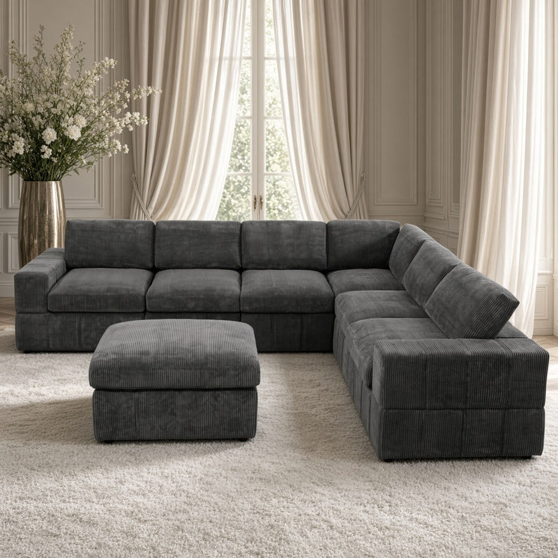 Oversized Modular Sectional Sofa, 7 Piece Reversible With Ottoman - Dark Gray